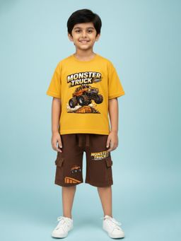 KiddoPanti - Boys Yellow Cotton Drop Shoulder T-Shirt & Cargo Shorts