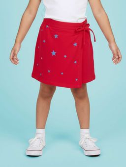 KiddoPanti - Girls Pink Cotton Knit Star Printed Wrap Skorts