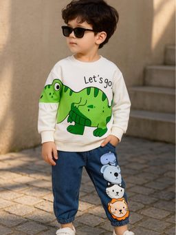 Googo Gaaga - Boys White Cotton Printed Round Neck Sweatshirt & Joggers