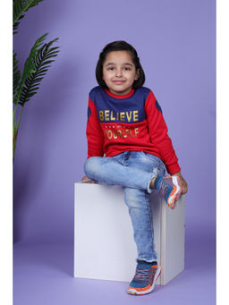 3PIN - Girls Crew Neck Red Cotton Sweatshirt