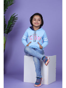 3PIN - Girls Hooded Neck Blue Cotton Hoodie