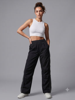 MIXT by Nykaa Fashion - Womens Solid Black Piping Detail Parachute Cargo Trouser