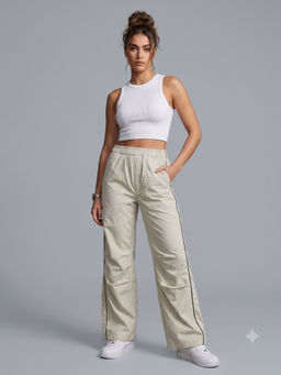 MIXT by Nykaa Fashion - Womens Solid Beige Piping Detail Parachute Cargo Trouser