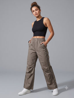 MIXT by Nykaa Fashion - Womens Solid Beige Piping Detail Parachute Cargo Trouser