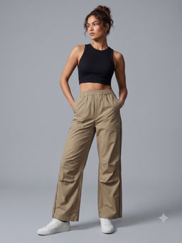 MIXT by Nykaa Fashion - Womens Solid Khaki Piping Detail Parachute Cargo Trouser