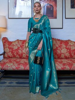 Akhilam - Womens Silk Blend Teal Blue Woven Designer Saree with Unstitched Blouse