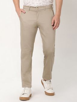 R&B - Men Khaki Cotton Blend Solid Slim Trouser