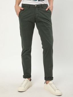 R&B - Men Olive Cotton Solid Slim Trouser