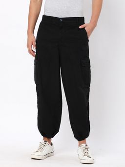 R&B - Men Black Cotton Solid Wide Trouser