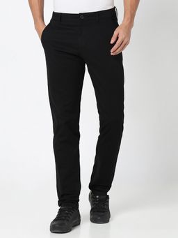 R&B - Men Black Cotton Blend Solid Slim Trouser