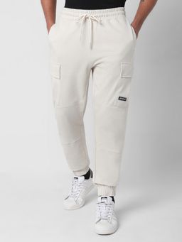 R&B - Men Beige Cotton Solid Tapered Track Pant