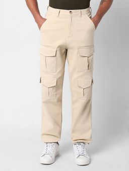 R&B - Men Khaki Cotton Blend Solid Straight Trouser