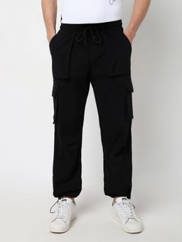 R&B - Men Black Cotton Blend Solid Tapered Trouser