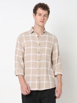 R&B - Beige Checks Regular Men Shirt