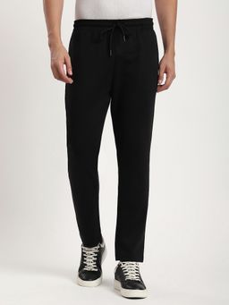 R&B - Men Black Cotton Blend Solid Straight Track Pant