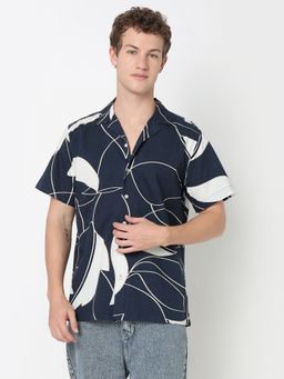 R&B - Navy Blue Abstract Relaxed Men Shirt