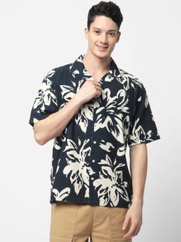 R&B - Navy Blue Floral Relaxed Men Shirt