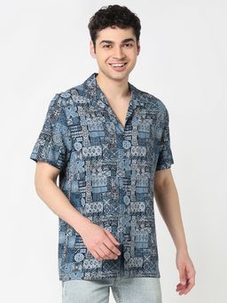 R&B - Blue Geometric Regular Men Shirt