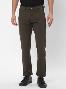 R&B - Men Olive Rayon Solid Slim Trouser