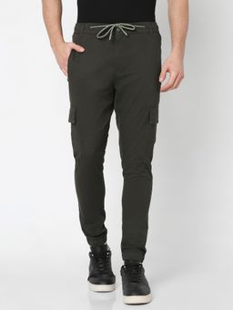 R&B - Men Olive Cotton/Lycra Solid Slim Trouser