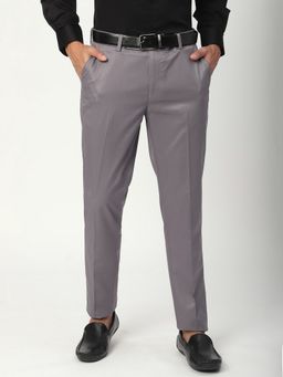 R&B - Men Grey Polyester Blend Solid Straight Trouser