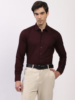 Global Republic - Wine Cotton Solid Spread Collar Shirt