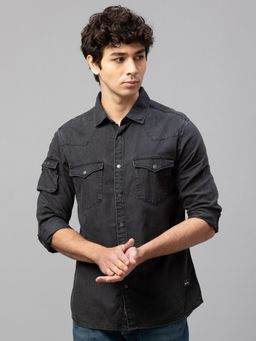 Being Human - Black Slim Straight Fit Regular Collar Long Sleeves Cotton Men's Shirt