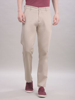 CRIMSOUNE CLUB - Men Beige Cotton Solid Straight Trouser