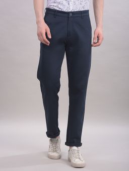 CRIMSOUNE CLUB - Men Navy Blue Cotton Solid Straight Trouser