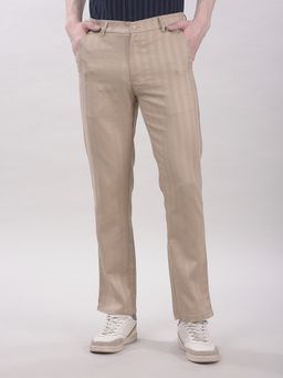CRIMSOUNE CLUB - Men Beige Lyocell Blend Stripes Straight Trouser