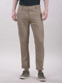 CRIMSOUNE CLUB - Men Khaki Lyocell Blend Stripes Straight Trouser