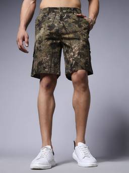 PRONK - Green Men's Cotton Printed Cargo Shorts