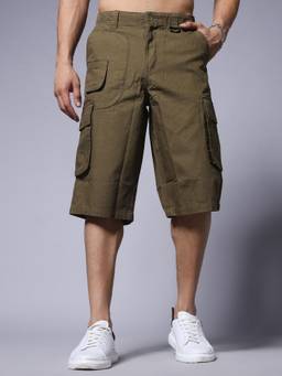 PRONK - Olive Men's Solid Cotton Cargo Shorts