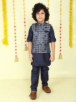 Mini Stitch - Navy Blue Jacquard Brick Pattern Kurta with Pant and Jacket (Set of 3)