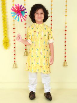 Mini Stitch - Yellow Bandani Print with Mirror Embroidery Kurta with Pyjama