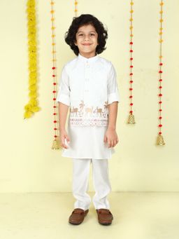 Mini Stitch - White Folk Embroidered Kurta with Pant and Jacket (Set of 3)