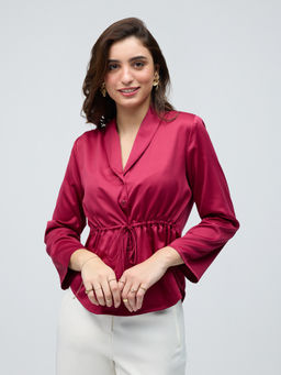 Twenty Dresses by Nykaa Fashion - Wine Solid Lapel Collar Tie Up Peplum Satin Top