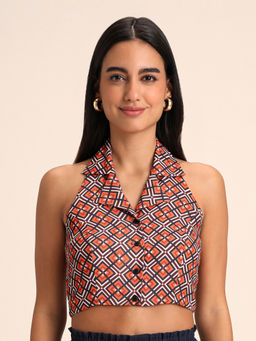 Twenty Dresses by Nykaa Fashion - Multicolor Geometric Print Lapel Collar Sleeveless Crop Top