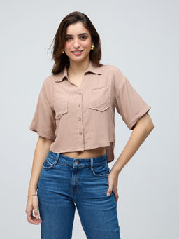Twenty Dresses by Nykaa Fashion - Beige Solid Drop Half Sleeves Crop Shirt