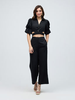 Twenty Dresses by Nykaa Fashion - Black Solid Crop Puff Sleeves Pants Co Ord (Set of 2)