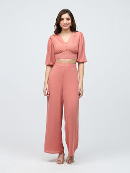 Twenty Dresses by Nykaa Fashion - Peach Solid Crop V Neck Pants Co Ord (Set of 2)