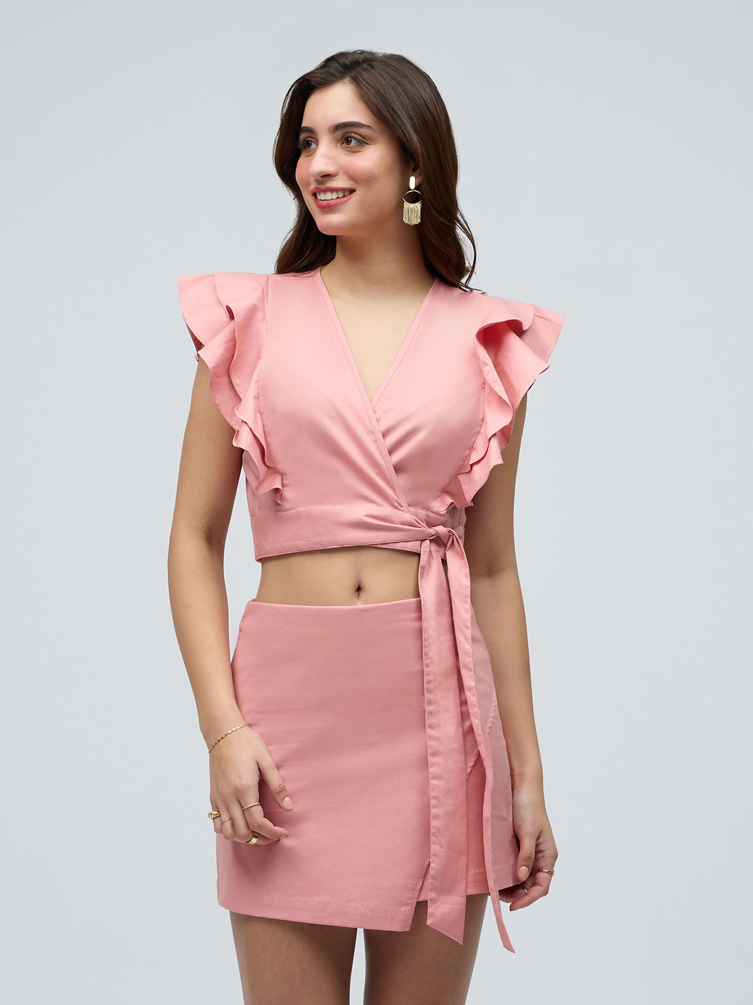 Pink Solid Crop Ruffle Sleeves Wrap Skirt Co Ord (Set of 2)-picture-25