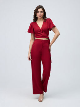 Twenty Dresses by Nykaa Fashion - Maroon Solid High Waist Straight Fit Pant Co Ord (Set of 2)