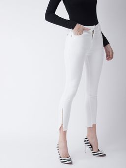 Miss Chase - Women's White Skinny Fit High Rise Side Raw Cropped Denim Jeans