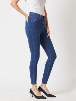 Miss Chase - Women's Blue Skinny High-Rise Distressed Cropped Denim Jeans