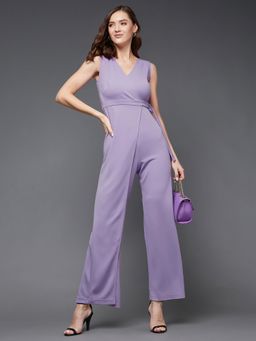 Miss Chase - Women'sLight Lavender V-Neck Sleeveless Solid Wrap Regular Length Jumpsuit