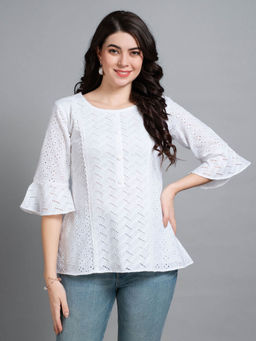 MOJILAA - Womens White Pure Cotton Blend Bored Schiffli Embroidered A-Line Top