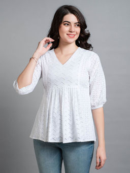 MOJILAA - Womens White Pure Cotton Blend Bored Schiffli Embroidered A-Line Top