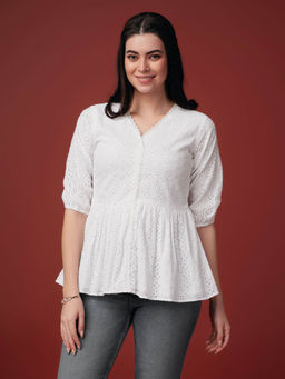 MOJILAA - Womens White Pure Cotton Blend Bored Schiffli Embroidered Peplum Top