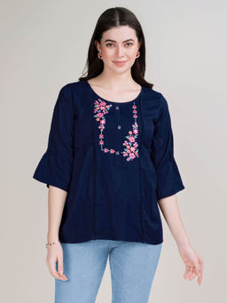 MOJILAA - Womens Navy Blue Pure Viscose Rayon Floral Embroidered A-Line Top